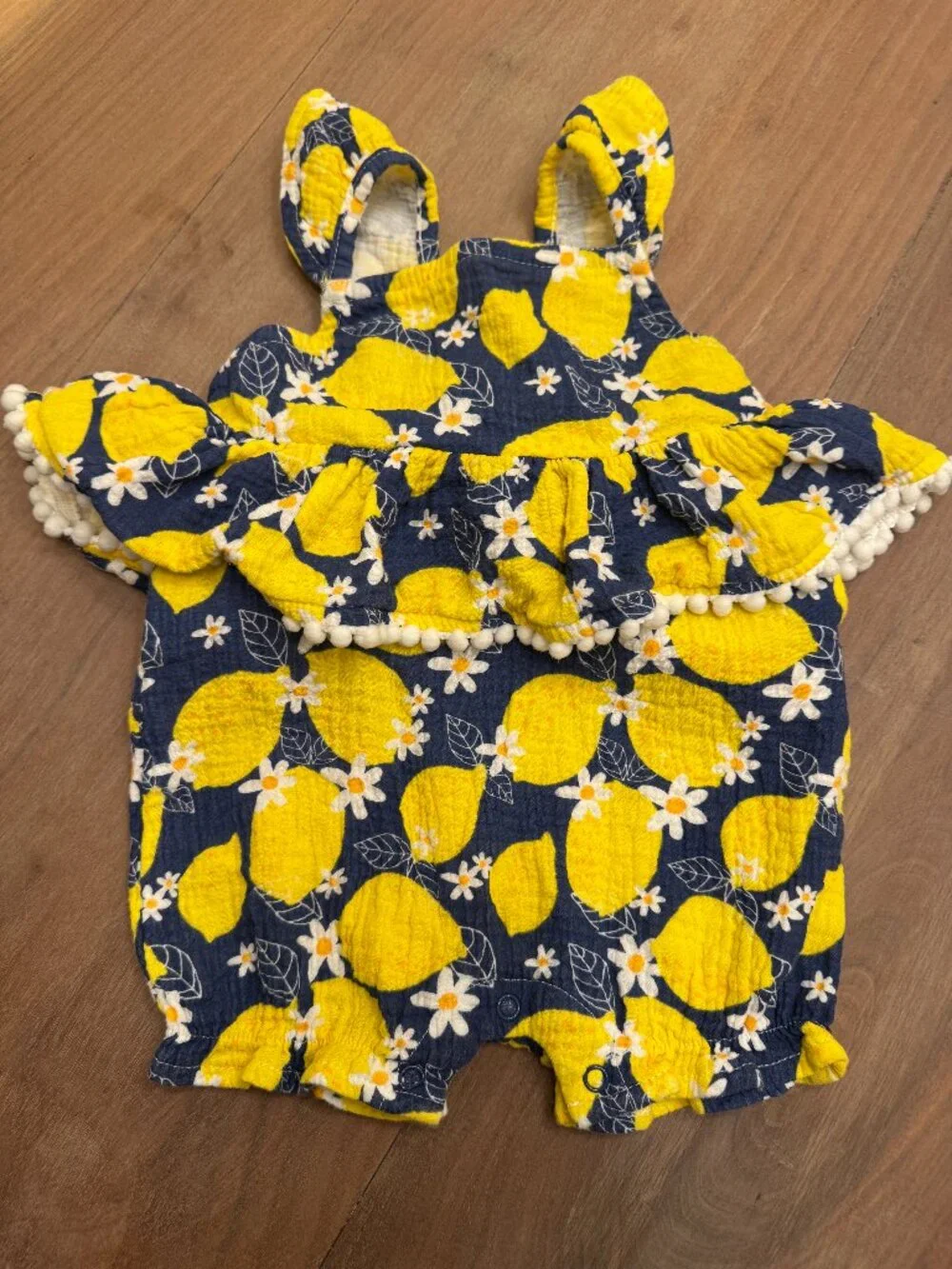 Mud Pie Lemon Daisy Pom-Pom Bubble Romper Navy Yellow 9-12M